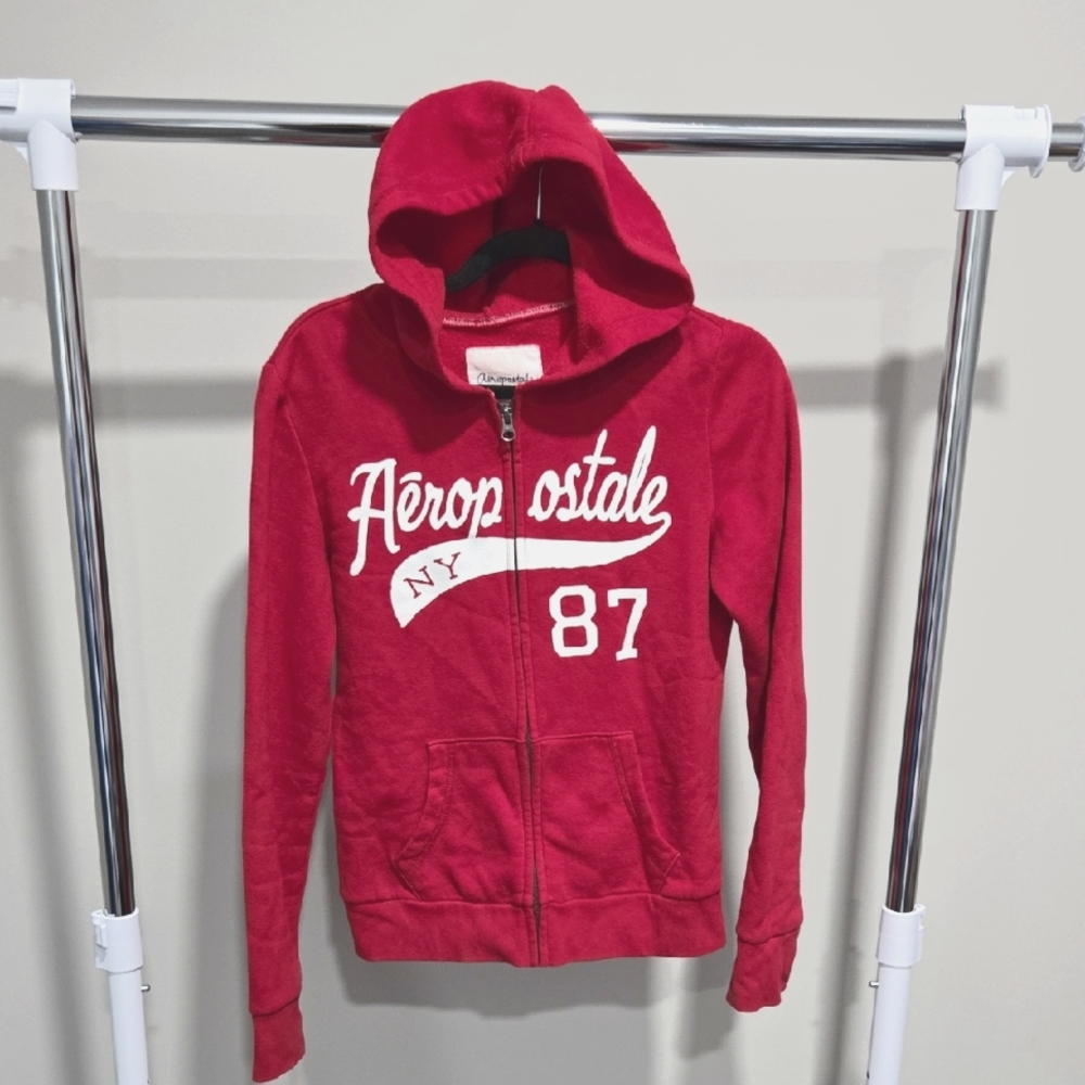 Sz M 2012 Aeropostale Red Zip Up Sporty Hooded Sweatshirt